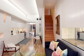 Narrow living room in Sydney with simple Scandinavian style [Design: Nest Designs]