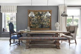 Pendant lights bring metallic beauty to the farmhouse dining [Design: VSP Interiors]