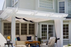 Poolside patio with blue and white accents