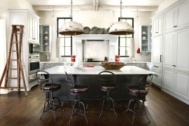 Salvaged DIY pendant lights add to the industrial vibe of the kitchen
