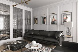 Scandinavian chic living room with interesting wall art and rug with geometric pattern [Design: Aleks.K design & visualization]