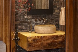 Small custom vanity for the elegant rustic bathroom [Design: Greenauer Design Group]