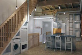 Space Saving Laundry and Pet Bed Area Under Stairs