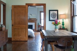 Warm tones in a dining room with a coffered ceiling