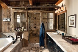 Weathered wood panels bring rustic beauty to this bathroom