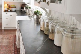 Neatly lined up jars on the kitchen counter