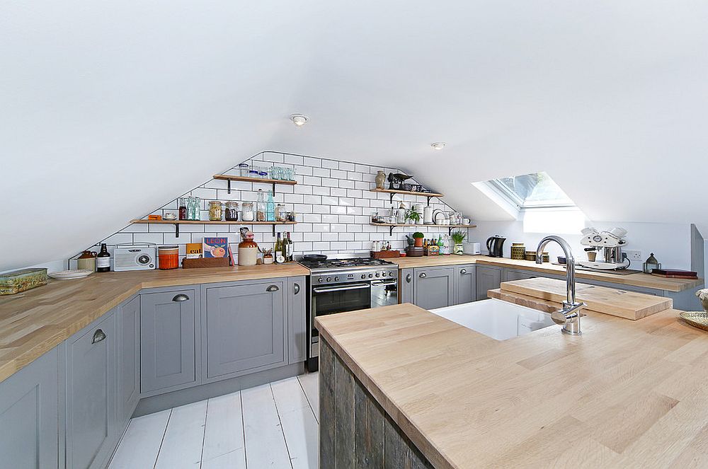 Attic kitchen in white and gray with Scandinavian style [Design: All & Nxthing]