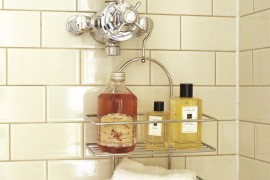 Bath products on a shower caddy