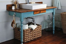 Vintage desk in blue turned into bathroom vanity