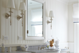 Gorgeous white beadboard backsplash in the bathroom