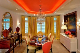 Bold orange hue for the dining room ceiling