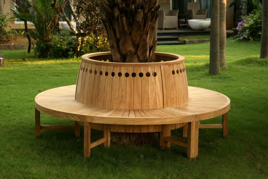 Round tree bench with circular cutouts