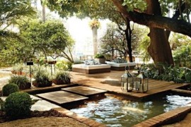 Tropical landscape design with floating deck