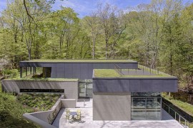 Green rooftops filled with succulents blend the home with the landscape