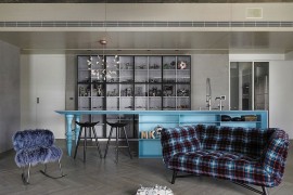 Ingenious blue kitchen island with open shelves