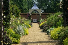 Pagoda-style gazebo on a graveled path