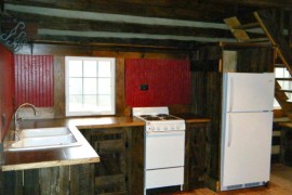 Red barnwood beadboard in the kitchen