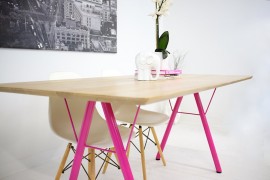 Trestle table with hot pink legs from Etsy shop Modern Cre8ve