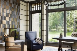Beautiful tile around the home office fireplace [Design: Morgante Wilson Architects]