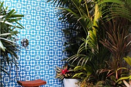 Blue and white tiled shower