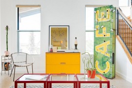 Bright pops of color in the living room coupled with vintage charm