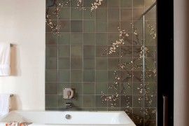 Cherry blossom mural in a modern bathroom