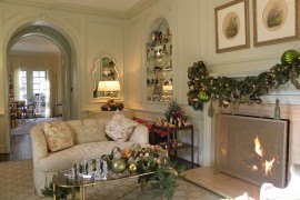 Cozy living room with gold leaf coffee table and festive joy! [From: Sarah Greenman]