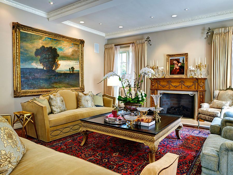 Custom-sized Palazzo Cocktail Table from Ebanista and a gold framed painting [Design: Stephanie Wallace & Associates]