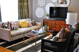 Eclectic living room with pops of color and wall art
