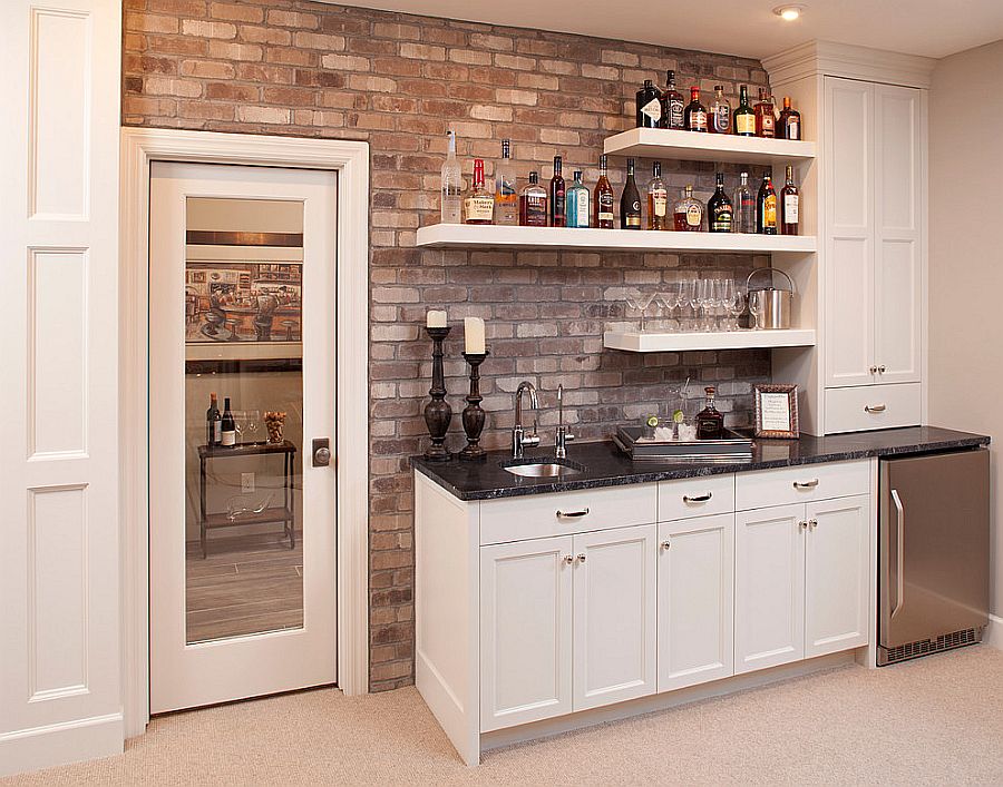  brick wall backdrop and simple floating shelves [Design: Mingle Team