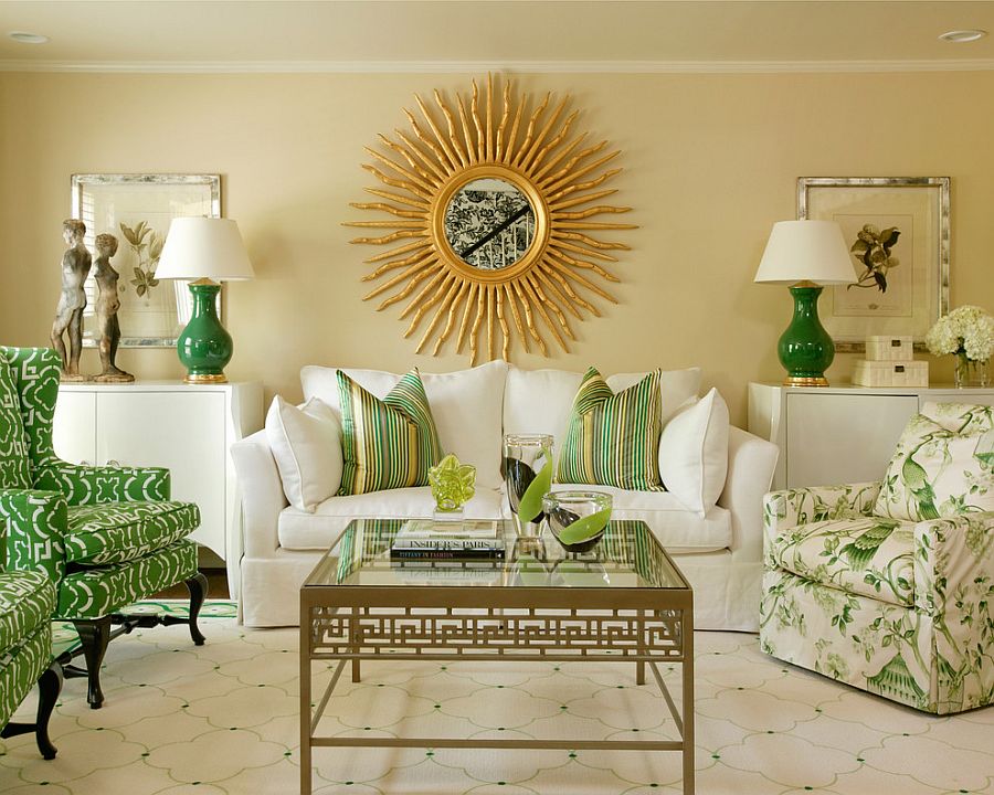 Elegant living room in grass green and gold from Hickory Chair [Design: Tobi Fairley Interior Design]