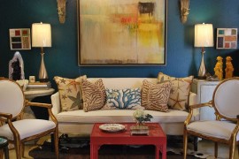 Gold and turquoise eclectic living room