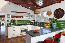 Natural materials like recycled beer bottle kitchen countertop used in the kitchen renovation