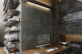 Organized home workspace with open shelves