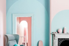 Pink and blue color blocked paint with arc designs