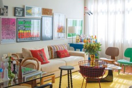 Plain, bright yellow area rug in colorful living room