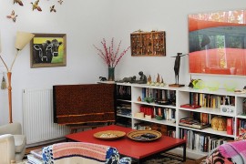Repurposed desk turned into a custom coffee table in the small living room