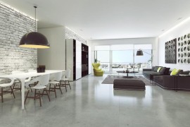 White brick wall in a modern living and dining area