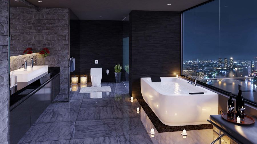 3D visualization of a chic bathroom with a city view