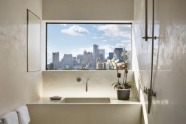 Bathroom window with a city view