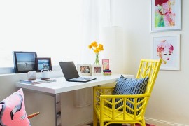 Beach style home office with colorful, yellow chair