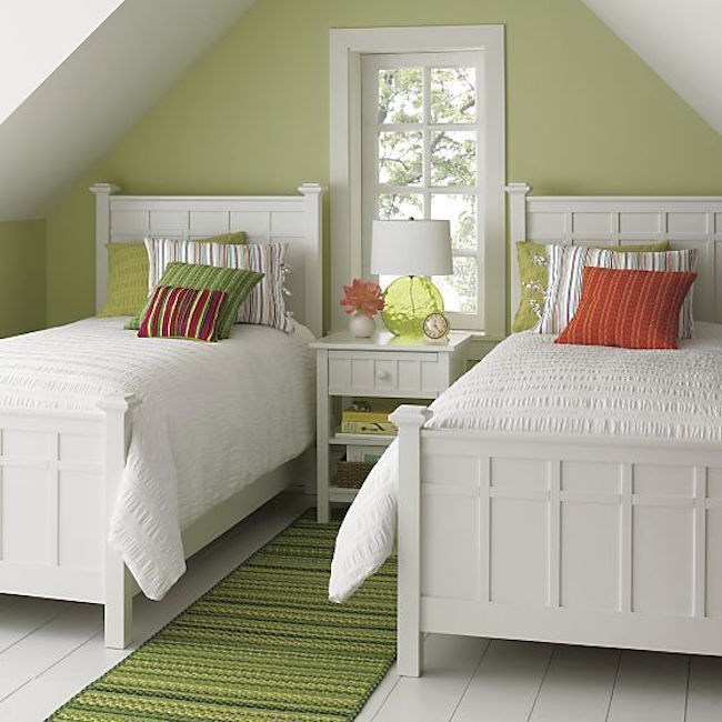 Bright green guest room featuring Brighton white bedding from Crate&Barrel