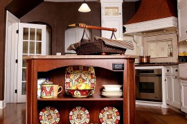 Cherry wood kitchen island with delightful kitchenware on display