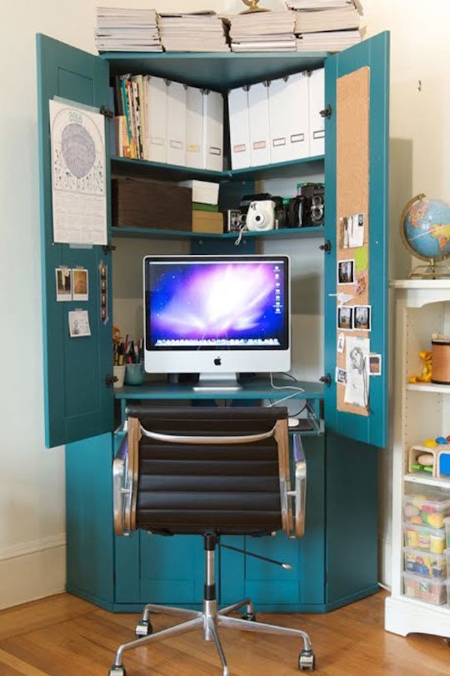 Clever idea for a desk with storage from an old armoire