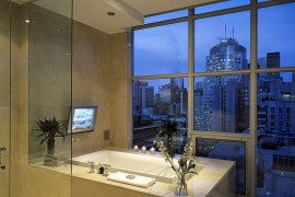Elegant bathroom with a city view