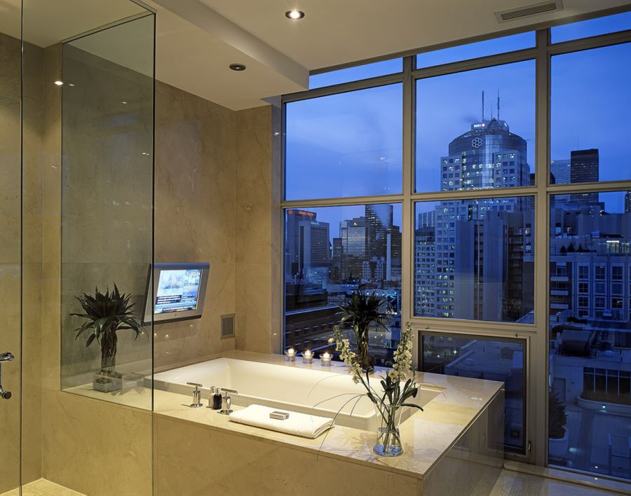 Elegant bathroom with a city view