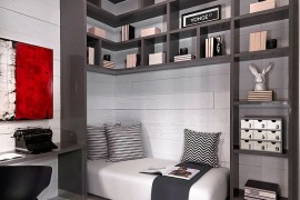 Home work space and guest room design in black, white and gray