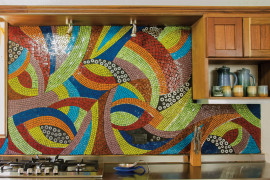 Large mosaic backsplash in very bright colors
