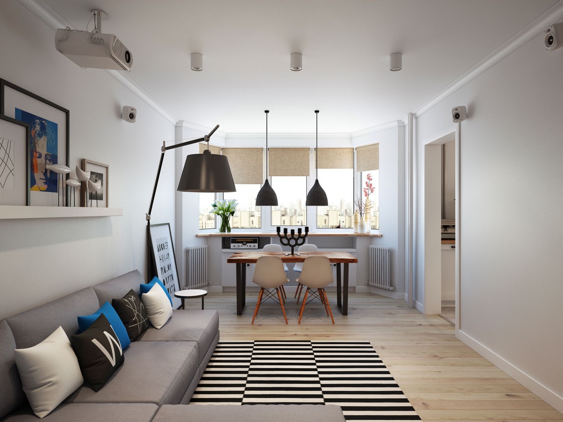 Living room and dining space rolled into one inside the modest Moscow apartment