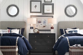 Nautical themed guest room with twin beds